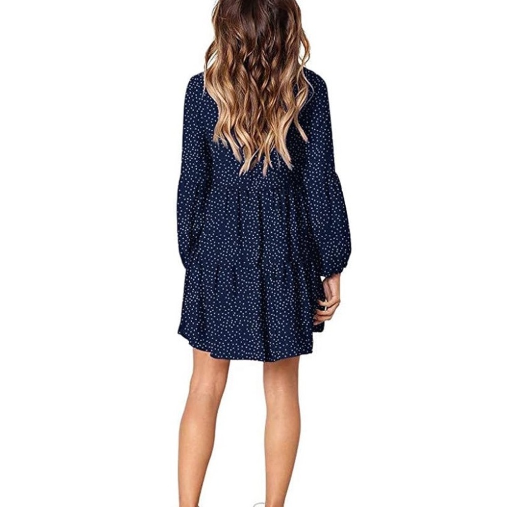Navy Polka-dot Layered Ruffle Swing Shift Dresses - Picture 2 of 12